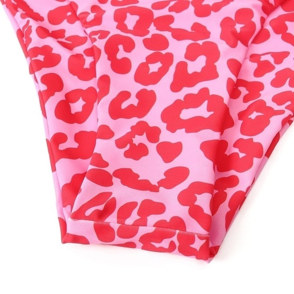Pink Leopard One Shoulder High Waisted Bikini Tie High Cut Two Piece Swimsuits L - Picture 8 of 12